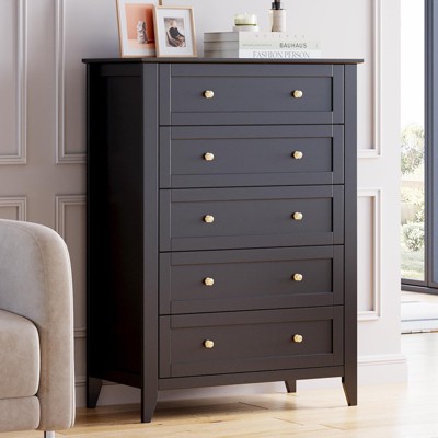 Black 5 Drawer Dresser for Bedroom, 5 Chest of Drawers, Modern Nightstand Wooden Tall Dresser Cabinet for Closet Living Room, Hallway, Entryway