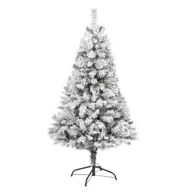 Nearly Natural 5-ft Flocked White River Mountain Pine Artificial Christmas Tree with Pinecones