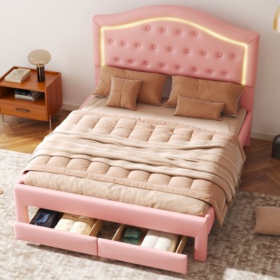 Whisen Upholstered Platform Bed with Tufted Headboard, LED and 2 Drawers
