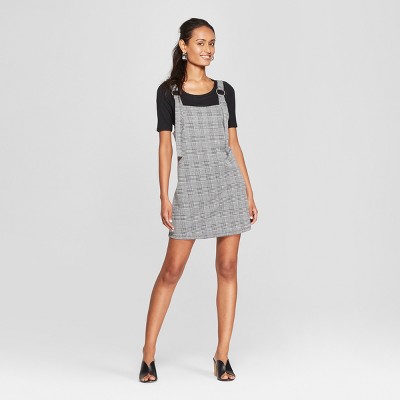 black and white plaid overall dress