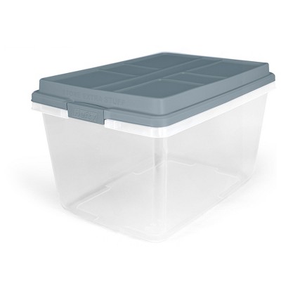 Hefty 72 Quart Hi-Rise Storage Bin with Lid, Stackable Plastic Container Tote for Home, Office, and Classroom Organization, 6 Pack, Smoke Blue