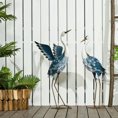 Blue and White Metal Heron Garden Statues Set of 2