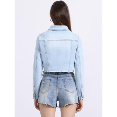 Женские куртки Allegra K Women's Turn Down Frayed Button Down Washed Cropped Denim Jacket Medium Red — фото 3