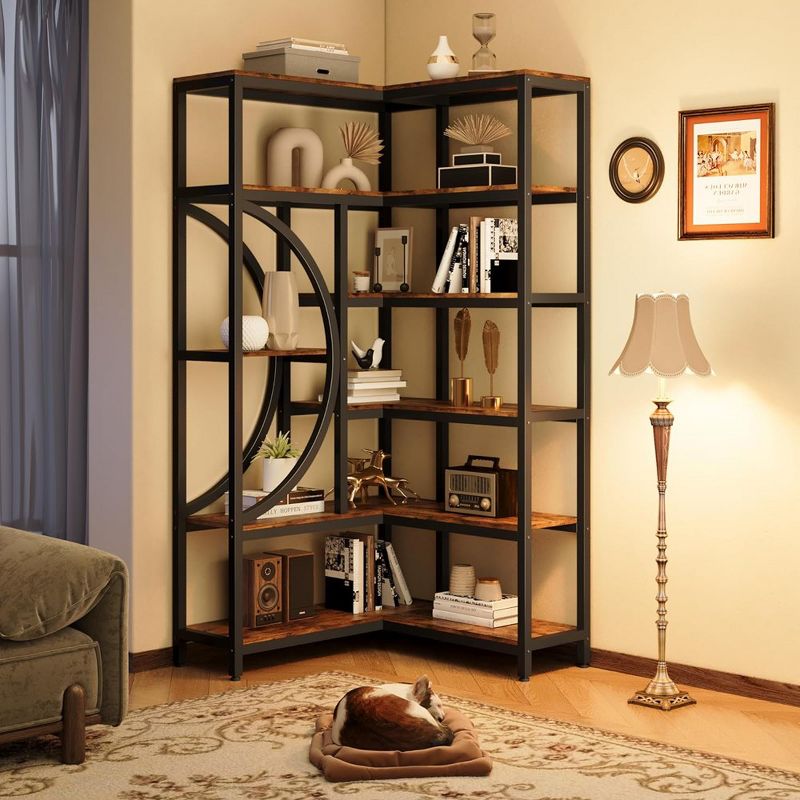 Wooden Modern Bookshelf, Industrial Corner Bookcase, 6 Tiers L Shaped Bookshelf, Storage Rack, for Living Room Bedroom Office, Brown, 5 of 9
