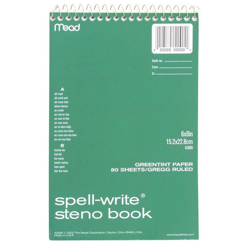 Mead Steno Book Gregg Ruled 6"x9" 80Sh Green Paper 43080, 1 of 2