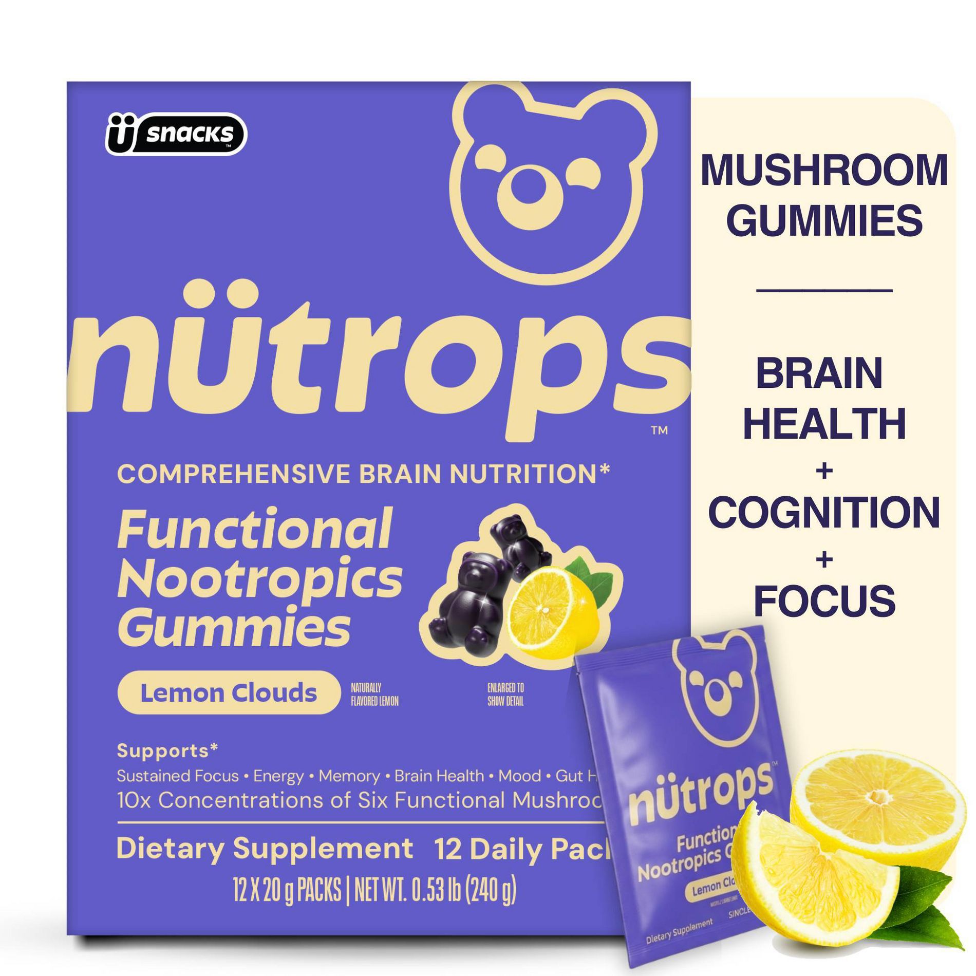 Nütrops By Grüns Low Sugar Functional Nootropics for Brain Health Mushroom Gummies - 240g/12 Servings