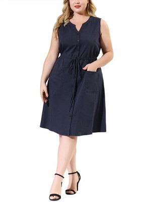 Agnes Orinda Women's Plus Size Elegant Tie Waist Sleeveless Drawstring Work A Line Dresses