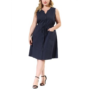 Agnes Orinda Women's Plus Size Elegant Tie Waist Sleeveless Drawstring Work A Line Dresses - 1 of 4