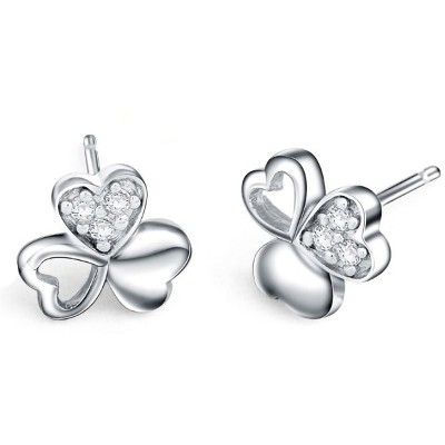 Paaaawaters 14k White Gold Overlay Cubic Zirconia Clover Stud Earrings for Women