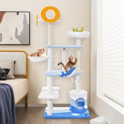Ocean-Themed Multi-Level Blue and White Cat Tree Tower with Sisal Posts