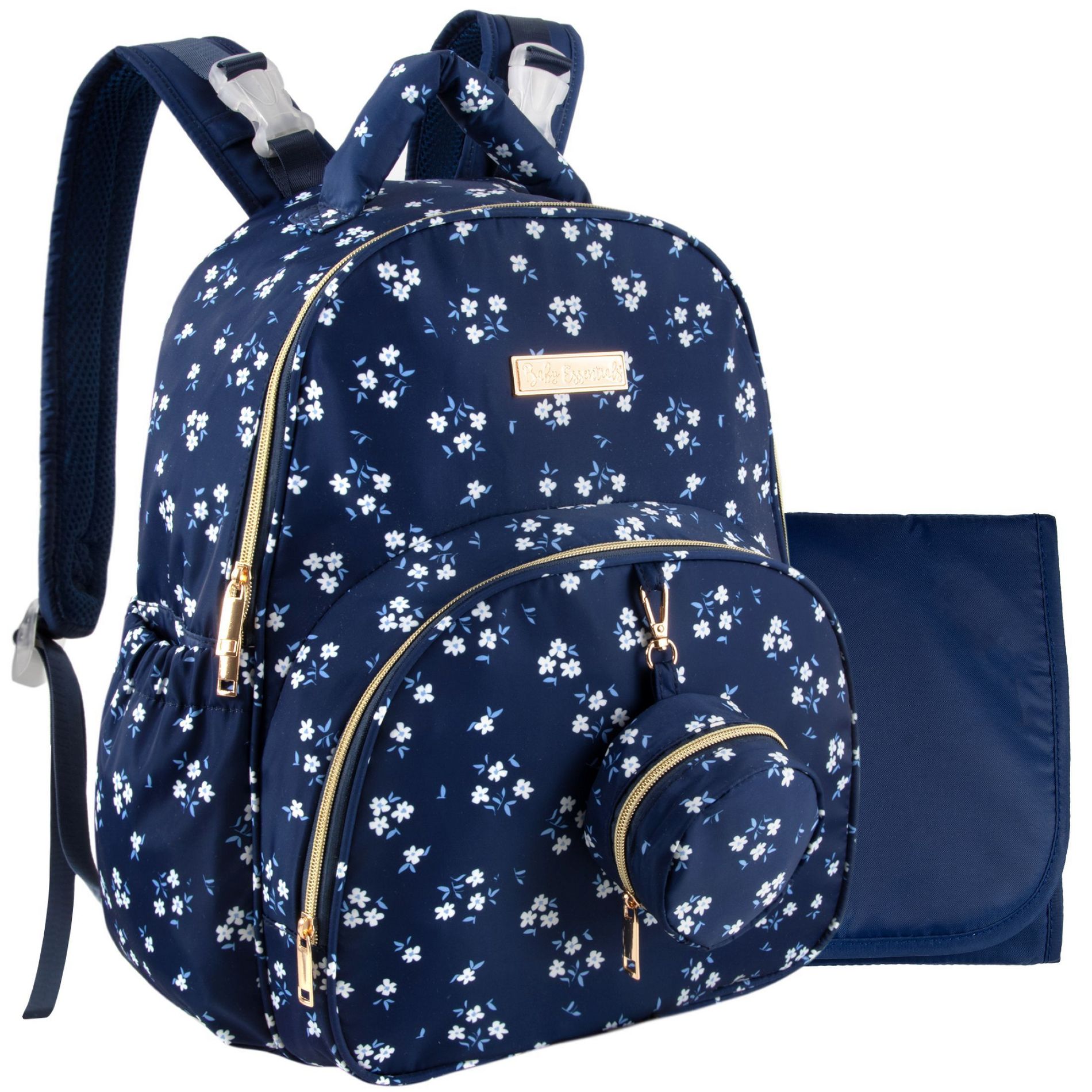 Baby Essentials 3 in 1 Diaper Bag Backpack, Changing Pad & Pacifier Pouch for Newborns - Floral, Smooth, Sheek, Padded in Design, Navy Blue Floral