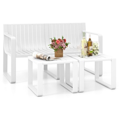 Tangkula 3 PCS Patio Furniture Set w/1 Loveseat & 2 Side Tables All-Weather Bistro Set White