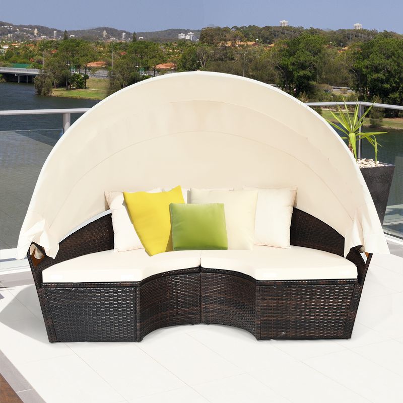 Costway Patio Rattan Daybed Cushioned Sofa Adjustable Table Top Canopy 3 Pillows, 4 of 10
