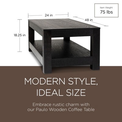 Paulo Weathered Black Solid Wood Rectangular Coffee Table with Shelf