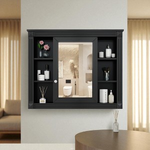 35" Wall Mounted Bathroom Medicine Cabinet with Mirror, Modern Storage Cabinet with Concealed Door & 6 Open Shelves, Adjustable Organizer - 1 of 4