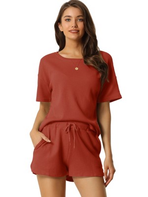 cheibear Women's Casual Pullover Short Sleeve Sleepshirt with Shorts Waffle Pajama Sets