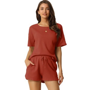 cheibear Women's Casual Pullover Short Sleeve Sleepshirt with Shorts Waffle Pajama Sets - 1 of 4