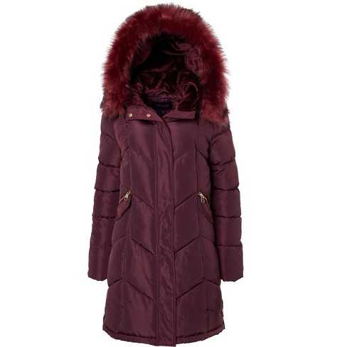 Wine puffer jacket store with fur hood