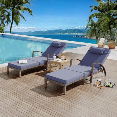 Outdoor Chaise Lounge Chairs Set of 2 - Adjustable 5-Position PE Rattan Wicker Lounge Chairs with Cushions and Wheels for Poolside Relaxation