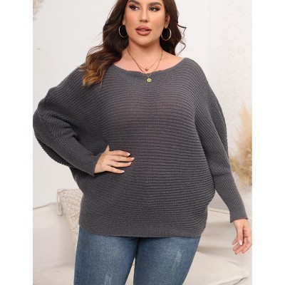 Whizmax Womens Plus Size Off-Shoulder Sweater Tops Batwing Sleeve Winter Knit Blouses, Grey, XL