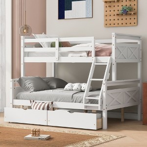 XIYUYEU Twin over Full Size Bunk Bed Pine Bed Frame with 2 Drawers and Inclined Ladder, White - 1 of 4