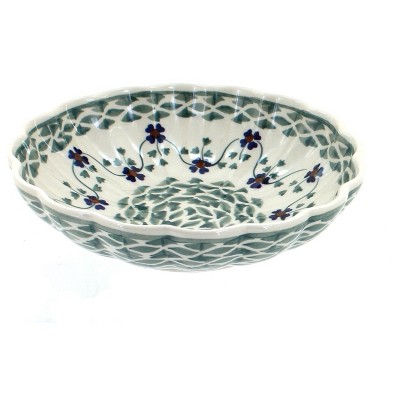 Blue Rose Polish Pottery Sage Floral Scallop Bowl