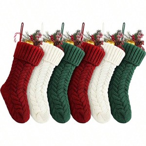 18 Inches Bulk Stockings 6 Pack Large Knitted Fireplace Hanging Holiday Xmas Party Decorations Burgundy Ivory White Green - 1 of 4