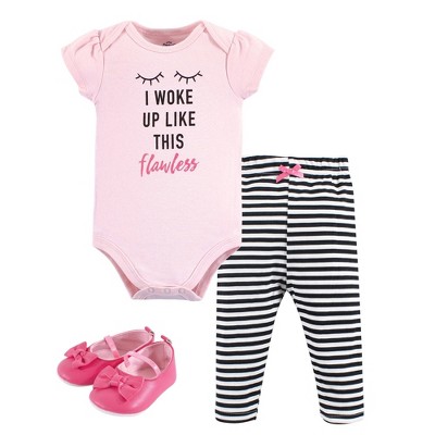 Image of Little Treasure Baby Girl Cotton Bodysuit, Pant and Shoe 3pc Set, Flawless Short-Sleeve, 0-3 Months