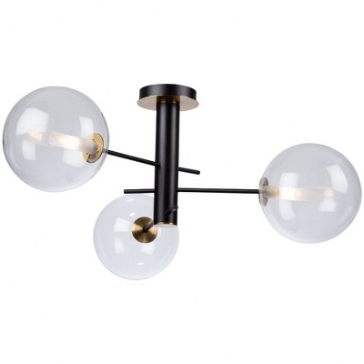 Matte Black and Brass 3-Light Semi-Flush Mount with Clear Glass Globes