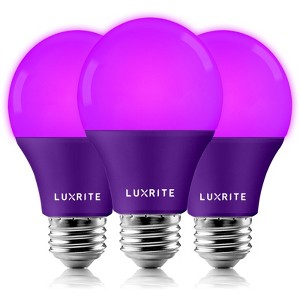 Luxrite A19 LED Purple Bulbs, 60W Equivalent, Non-Dimmable, UL Listed, Indoor Outdoor, Porch, Christmas, Decoration, E26 Standard Base 3 Pack - 1 of 4