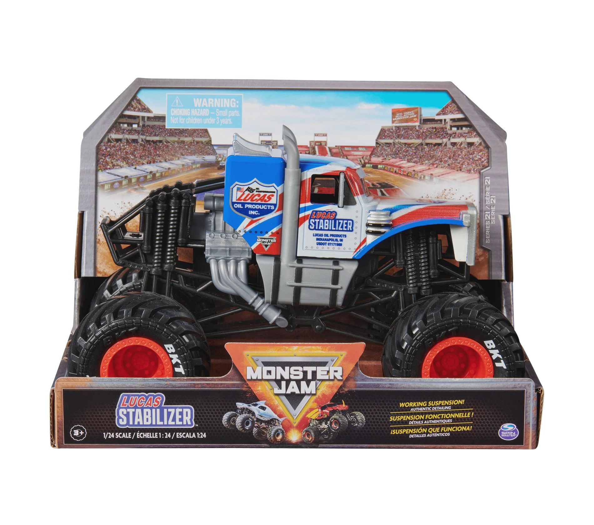 Monster Jam Series 21 Lucas Stabilizer 2024 1:24 Scale Die-Cast Truck with Rubber BKT Tires, Real Suspension, and Authentic Graphics for Kids 3+