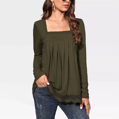 Women's Long Sleeve Tunic Tops - Plus Size Square Neck T-Shirt with Solid Color and Fall Lace Blouse,Army Green - 2XL