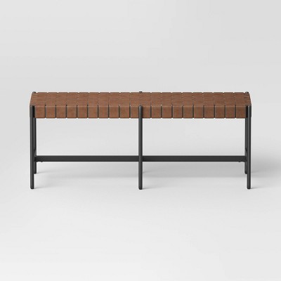 Woven Faux Leather with Metal Base Bench Brown - Threshold™: Upholstered Rectangular Ottoman, Indoor Seating