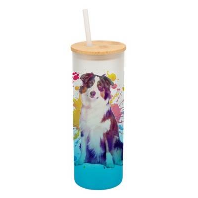 100 North 25 Ounce Frosted Glass Gradient Travel Tumbler With Straw & Wooden Lid, Australian Shepherd Paint Splatter Sky Blue