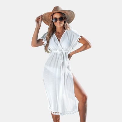 Women's White Sleeveless Tassel Hem Spaghetti Straps Swimsuit