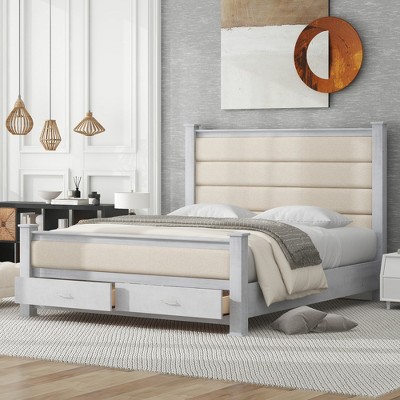 Queen Size Platform Bed with Upholstered Headboard, Footboard and 2 Drawers, Antique White/Antique Gray-ModernLuxe