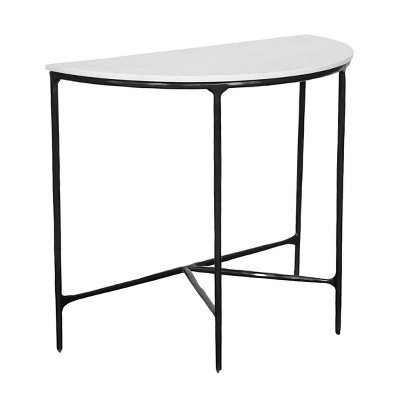 HomeRoots 36" White and Black Genuine Marble and Iron Half Moon Console Table
