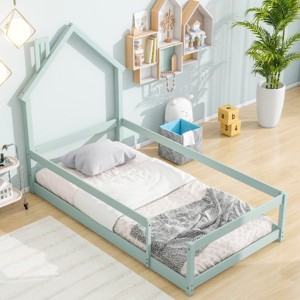 RISOKEYS Twin Size Floor Bed with Fence for Kids Boys Girls,Floor Bed with Roof and Full-Length Guardrails,No Box Spring Needed - 1 of 4