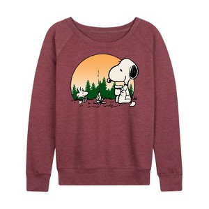 Women's - Peanuts - Campfire Mugs Lightweight French Terry Wide Neck Long Sleeve Shirt - 1 of 4