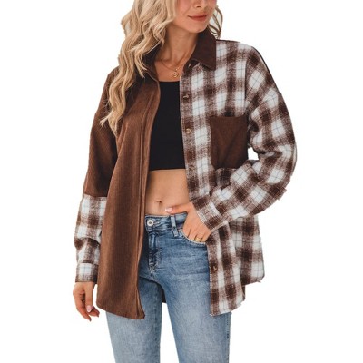 Women's Plaid Long Sleeve Shirt Loose Fit Casual Button Down Top Front Pocket Shirt