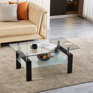 Rectangle Glass Coffee Table, Modern Side Coffee Table For Living Room, 2-Tier Tea Table With Tempered Glass Tabletop, Lower Shelf For Living Room - 1 of 4