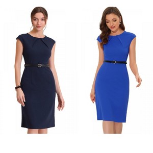 INSPIRE CHIC Women's Elegant Business Round Neck Belted Cap Sleeve Work Sheath Dresses 2 Packs - 1 of 4