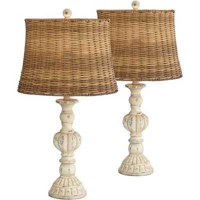 John Timberland Country Cottage Table Lamps 26.5" High Set of 2 Antique White Candlestick Rattan Tapered Drum Shade for Living Room Bedroom