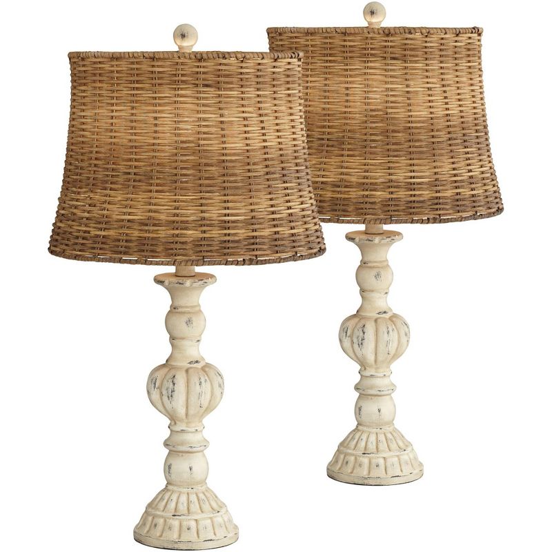 John Timberland Trinidad Country Cottage Table Lamps 26 1/2" High Set of 2 Antique White Candlestick Rattan Tapered Drum Shade for Bedroom Living Room, 1 of 6