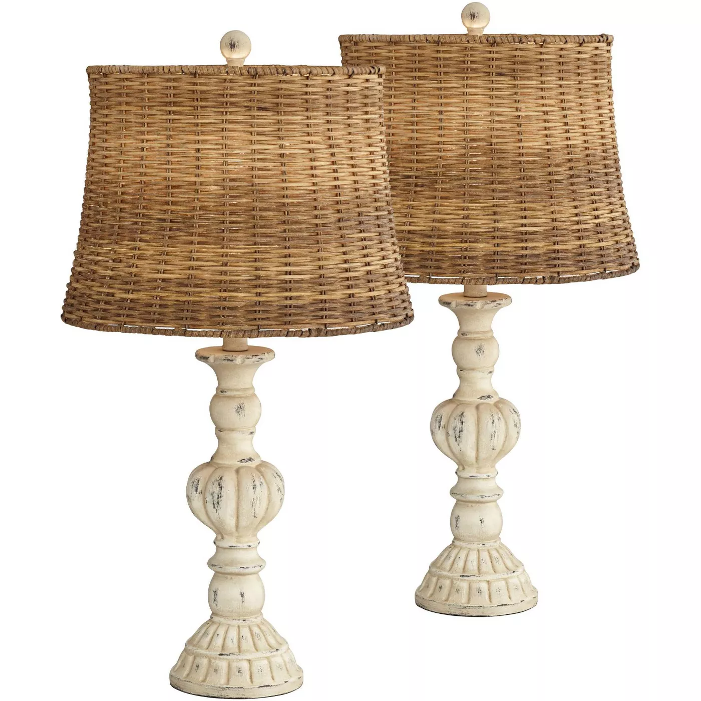 John Timberland Country Cottage Table Lamps Set of 2 Antique White Candlestick Rattan Tapered Drum Shade for Living Room Bedroom - image 1 of 5