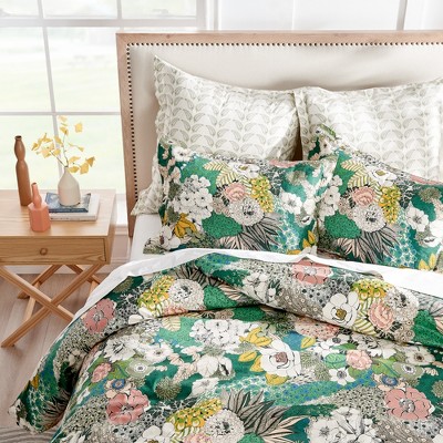 Bettina Floral Full/Queen Cotton Duvet Cover in Teal and Green