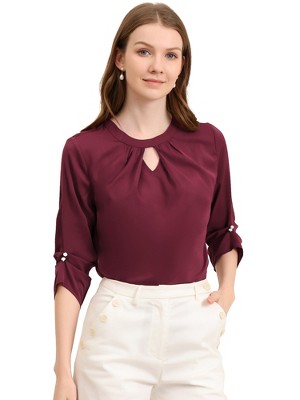 INSPIRE CHIC Women's Work Office Keyhole Pleated Front Ruched 3/4 Sleeve Chiffon Blouse