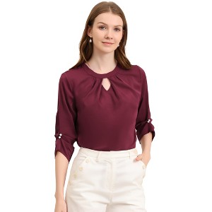 INSPIRE CHIC Women's Work Office Keyhole Pleated Front Ruched 3/4 Sleeve Chiffon Blouse - 1 of 4