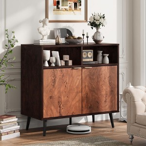 31.5" Sideboard Buffet Cabinet with Storage, Farmhouse Kitchen Wooden Cabinet with 2 Open Shelves, Gorgeous Burl Texture - 1 of 4