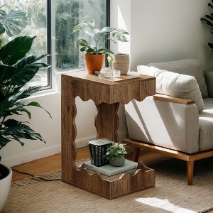 Hommoo C-Shaped 2-Tier Farmhouse End Table, Slide-Under Wood Side Table - 1 of 4